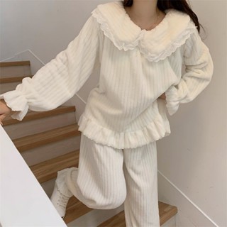 【現＋免運】臺灣出貨 冬季居家服 娃娃領毛毛睡衣刷毛家居服刷毛珊瑚絨睡衣女冬季ins網紅甜美蕾絲加厚法蘭絨少女家居服套裝