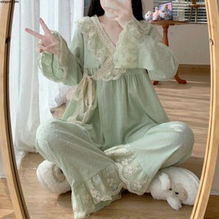 臺灣出貨🚛女士蕾絲睡衣♣【3354人好評】睡衣女純棉春秋新款長袖蕾絲日系和服全棉家居服荷葉邊可外穿套裝