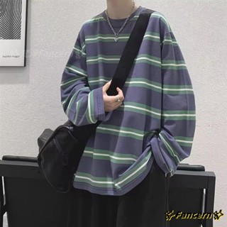 ✨Fancern✨ 臺灣出貨 2025春秋百搭條紋上衣男長袖T恤寬鬆潮流ins港風情侶裝圓領打底衫