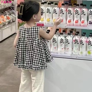 兒童套裝[新品上新]兒童兩件式套裝休閒韓版百搭女孩中大童夏季韓田園休閒洋氣格紋上衣七分褲二件套裝