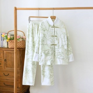 YUKI 中式法蘭絨女士居家服秋冬季睡衣套裝刷毛加厚保暖可外穿開衫珊瑚絨毛茸茸