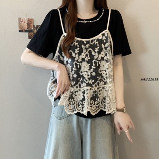 [今日顯瘦OOTD][簡約百搭]甜美夏季新款短袖兩件套吊帶蕾絲T恤上衣遮肚黑色媽媽打底衫mk3