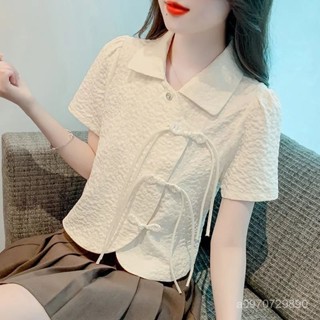 🔥48H出貨 古風刺繡棉麻襯衫女 國風文藝復古改良上衣 夏季禪意寬鬆茶服短袖 複古盤扣氣質小衫女裝泡泡袖上衣短袖襯衫