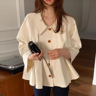 Luzi🎀大尺碼寬鬆長袖襯衫韓版素色上衣秋冬襯衫女生韓國chic秋季法式翻領oversize特大碼寬鬆外套百搭胖mm襯