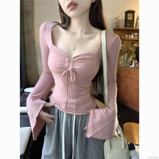 🤍CUSTOM🤍 小性感長袖T恤 純慾風抽繩係帶方領長袖女早春新款內搭修身顯瘦露臍辣妹上衣 A5