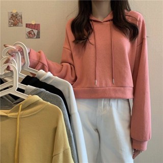 Luzi🎀大尺碼衛衣 長袖衛衣 薄款衛衣 新款女秋季短款連帽衛衣薄款潮ins寬鬆韓版高腰套頭長袖上衣