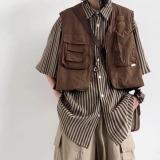 【希司】日系復古工裝背心馬甲男 M-3XL 咖啡色工裝馬甲男生 學院風無袖馬甲男 機能馬甲小外套 cityboy機能背