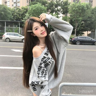 🐱 限時下殺 新款 美式衛衣 字母印花衛衣 早秋 設計新款 寬鬆 斜肩 秋季 女裝上衣 露肩 長袖上衣慵懶風 D8N