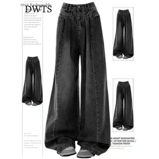 臺灣出貨[DWTS]2024新款秋冬新中式闊腿牛仔褲收腰褶皺顯腿長顯瘦拖地高腰厚款長褲 牛仔褲女