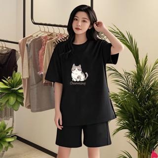 優貨 韓版小貓衣服 套裝衣服 家居服 黑色睡衣 居家套裝 寬鬆睡衣 短袖短褲 兩件套 大尺碼女裝 韓係女裝 夏日印花套裝
