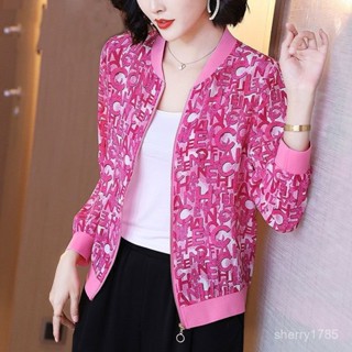 🐱 限時下殺 加大碼 5XL 春夏短版外套新款女式雪紡外套拉鏈雪紡防曬衣女棒球服開衫印花寬鬆薄外套防曬服長袖上衣 X