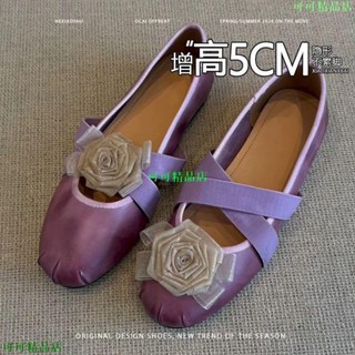 羊皮版_隱形內增高5CM低跟芭蕾舞鞋女春季復古擦色花朵交叉帶單鞋P412