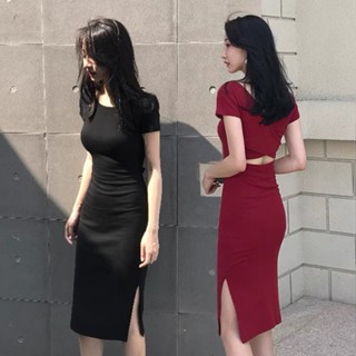 【桃園】女裝性感露背洋裝 氣質修身包臀裙 開叉設計洋裝 收腰顯瘦連身裙 中長款連衣裙 洋裝棉質