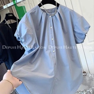 【雲裳集精品女裝】法式設計絶美泡泡袖短袖襯衫寬鬆chic小衫上衣女韓版藍色白色