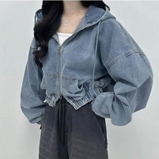 【雲裳集精品女裝】牛仔外套女 韓國chic秋季港風氣質雙拉鏈寬鬆休閒百搭短款長袖連帽牛仔外套女