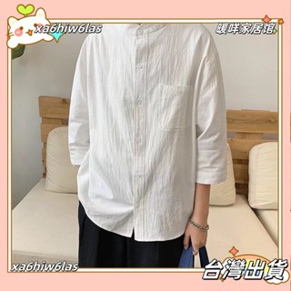 xa6hiw6las✨男士棉麻襯衫 民族風立領素色立領七分袖襯衫韓版復古潮牌短袖襯衫透氣排汗上衣唐裝漢服禪服居士服潮