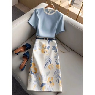 【SARA】九月底短袖上衣半身裙兩件套女夏季新款時尚洋氣套裝新款半身裙
