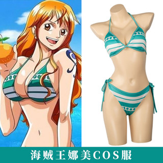 免費加急 海賊王cos服三刀流娜美浴衣cosplay女裝綠白條紋性感比基尼泳裝 角色扮演
