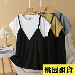 𝙻𝚞𝚢𝚞🚀限時特價2024夏裝韓版撞色拼接假兩件上衣胖mm寬松遮肚子顯瘦大碼短袖t恤