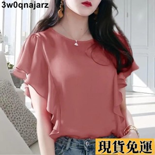🌷限時低價🌷 大尺碼女裝 女裝氣質荷葉邊雪紡衫短袖夏季新款大碼寬鬆顯瘦T恤遮肚子上夏季寬鬆顯瘦百搭遮肚上衣女潮 EZ