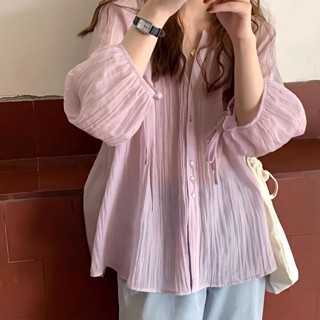 🚚臺灣低價免運🚚韓國小眾chic防曬襯衫女夏季2022新款薄款燈籠袖休閑寬松褶皺襯衣