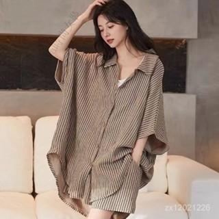 LanFa時尚女裝/夏天睡衣 女生睡衣 休閒睡衣 寬鬆睡衣 居家服 韓系短袖中款襯衫兩件套夏天薄款短褲休閒可外穿ins