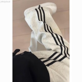 新品推薦《下單》白灰色運動褲女生春季新款寬鬆條紋休閒棉褲小個子寬褲子加長小個子長褲女長褲休閒褲女中腰直筒褲帥潮運動長褲女