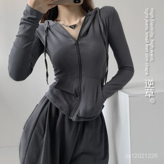 LanFa時尚女裝/長袖外套女 寬鬆外套 春秋外套 薄款 小眾美式復古拉鍊連帽開衫短款純欲外套女春秋季薄款修身運動長袖