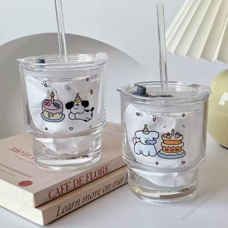 💕壹灣出貨+發票💕ins玻璃吸管杯可愛卡通蛋糕小狗水杯學生喝水杯子玻璃杯牛奶杯 咖啡杯 禮物kun
