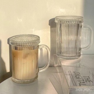 臺灣有貨⚡【2.1萬人收藏】ins條紋玻璃杯杯子水杯帶蓋帶吸管飲料把手高顔值家用咖啡牛奶杯 32XD