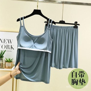 【熱銷免運】雙肩吊帶短褲套裝女夏莫代爾帶胸墊家居服薄款大碼睡衣睡褲兩件套 女生睡衣 大尺碼區 吊帶睡衣 居家睡衣
