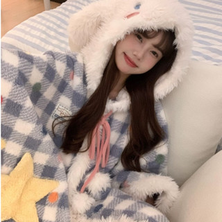 (典藏私櫥)連帽珊瑚絨冬季睡袍女 卡通可愛大耳狗睡袍 冬天睡衣 加厚 加絨睡袍 毛絨睡袍 長袖 保暖居家服 可外穿