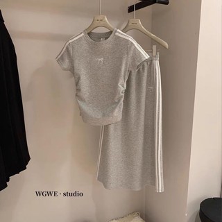 【GDM】休閒運動套裝女夏季蝴蝶刺繡短袖上衣+鬆緊腰半身裙時尚兩件套潮
