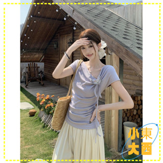 臺灣出貨🎀 免運 女士上衣 設計感上衣 修身顯瘦短袖 法式不規則設計感短袖 蝴蝶T恤 斜領甜辣妹修身時尚上衣