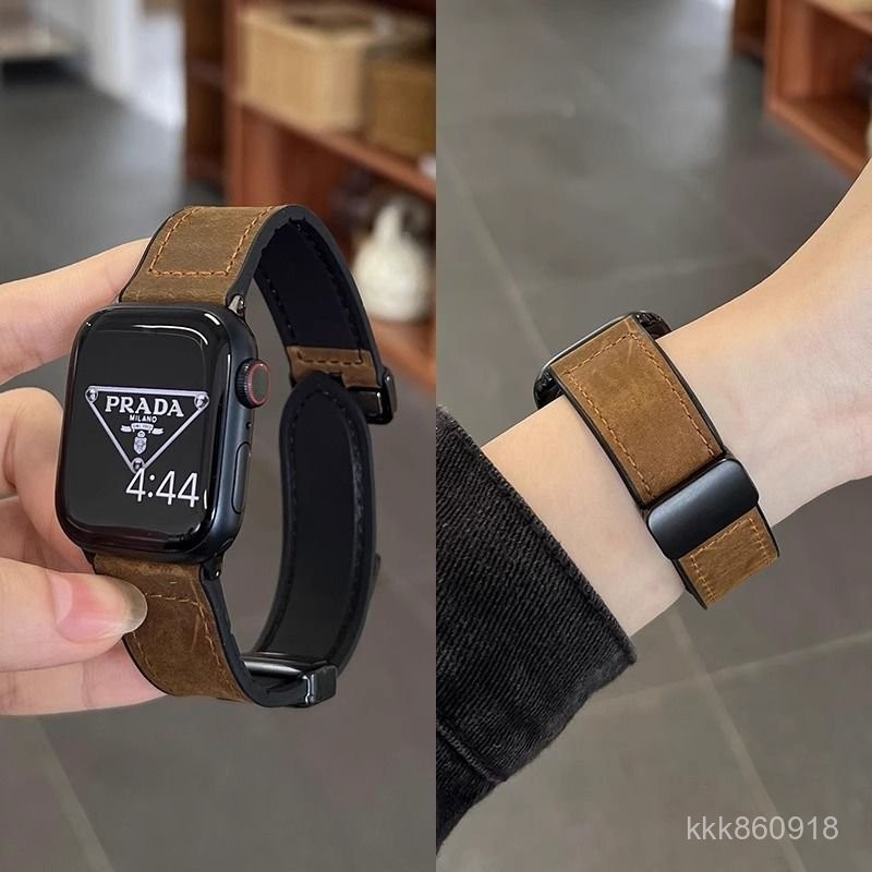 適用於Apple watch 10 9 8 7 6 5 4 SE 38/44/45/49mm蘋果錶帶 真皮商務磁吸扣錶帶