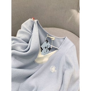 Luxi❤設計感撞色v領假兩件長袖T恤女春秋冬內搭修身顯瘦打底衫上衣INS