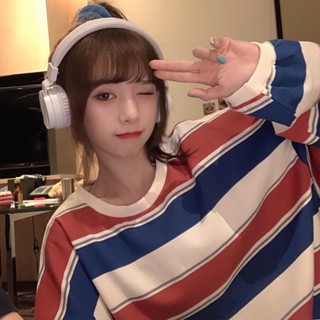 Luxi❤條紋衛衣女寬鬆韓版ins慵懶風bf薄款網紅炸街長袖T恤上衣
