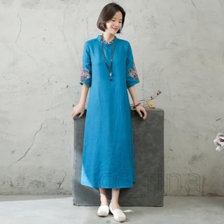 【免運24-H】女裝藝文復古民族風上衣女刺繡花棉麻洋裝盤扣立領五分袖洋裝女裝