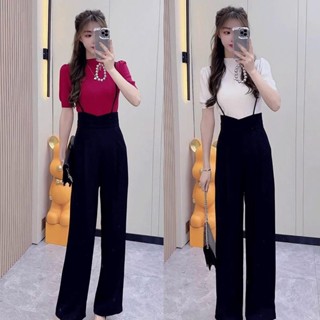 免運出貨👗吊帶褲 韓版時尚揹帶褲套裝女2023夏季新款素色短袖T恤上衣高腰吊帶褲兩件套 牛仔吊帶裙 正韓連身褲 連身