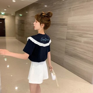 <Meetyo>短袖T恤女 夏天 韓版 ins 2025新款 寬鬆上衣 設計感 蕾絲上衣 娃娃領上衣 學生 休閒百搭短袖