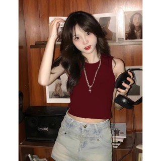 【時光牋精品女裝】100%純棉短袖女美式簡約酒紅色短款無袖背心女2025夏季修身辣妹上衣ins 無袖上衣短袖女 短袖t賉