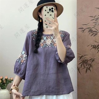 【臺灣熱賣】重工刺繡高階七分袖襯衫上衣女 夏季寬鬆顯瘦棉麻圓領套頭小衫 夏季寬鬆顯瘦棉麻圓領複古襯衣女 刺綉襯衫衣女