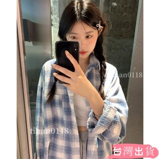 韓系INS慵懶休閒寬鬆百搭防曬格子襯衫女生上衣tihan0118