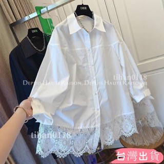 長袖襯衫女胖妹妹設計感小眾蕾絲拚接上衣襯衣高階感女慵懶風復古寬鬆襯衣開衫外套上衣長袖上衣tihan0118