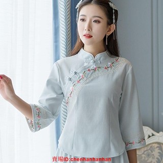 可開發票民國風夏季復古中式唐裝茶服女上衣中國風改良漢服修身旗袍襯衣