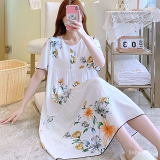 臺灣有貨⚡【1273人收藏】睡裙女夏季短袖中長款連衣裙薄款可外穿寬鬆中老年媽媽裝大碼裙子abc E9PM