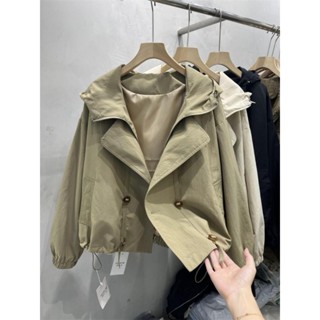 🚚新品下殺🚚韓版高階設計感連帽短款風衣女春秋雙排扣寬鬆工裝外套