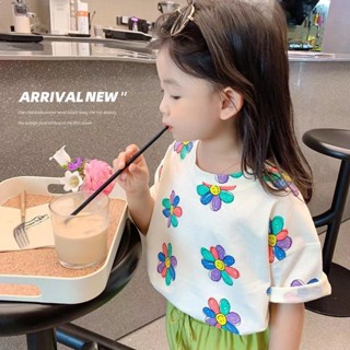 【質量好】90-160公分 女童短袖 新款可愛網紅花朵短袖上衣 女童短袖上衣棉棉