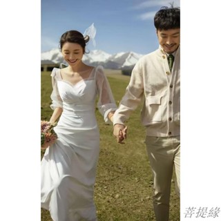菩提緣精選法式緞面輕婚紗 高階感旅拍森系外拍自助婚紗 旅拍寫真登記結婚禮服 簡約長袖小拖尾新娘證婚禮服洋裝 甜美白色長洋