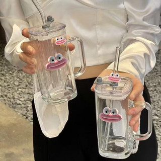 醜魚水杯 可愛水杯✨ 開學季創意香腸嘴方形玻璃杯ins杯子吸管把手高顏值咖啡杯女水杯 吸管水杯 透明水杯 玻璃水杯